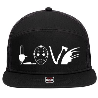 I Love Horror Movies Scary 7 Panel Mesh Trucker Snapback Hat