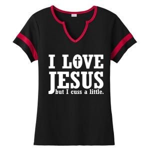 I Love Jesus But I Cuss A Little Ladies Halftime Notch Neck Tee