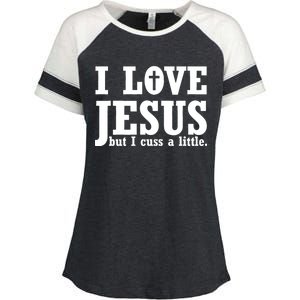 I Love Jesus But I Cuss A Little Enza Ladies Jersey Colorblock Tee