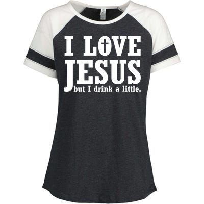 I Love Jesus But I Drink A Little Enza Ladies Jersey Colorblock Tee