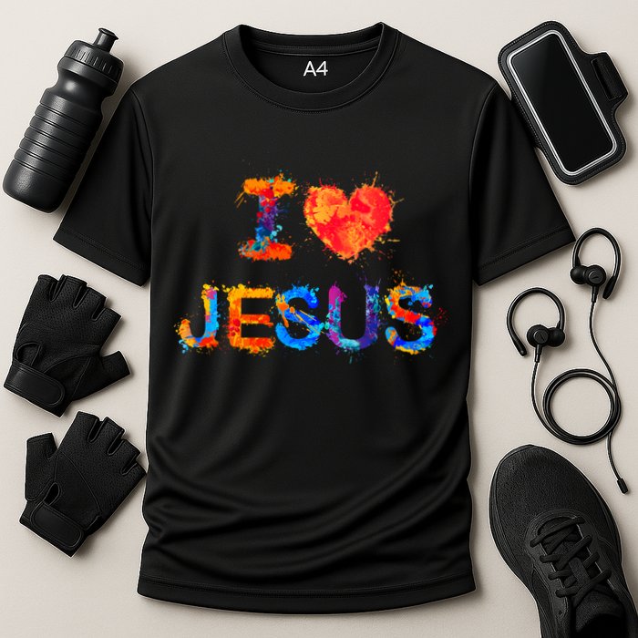 I Love Jesus Paint Splatter Cooling Performance Crew T-Shirt