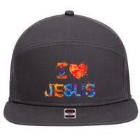 I Love Jesus Paint Splatter 7 Panel Mesh Trucker Snapback Hat