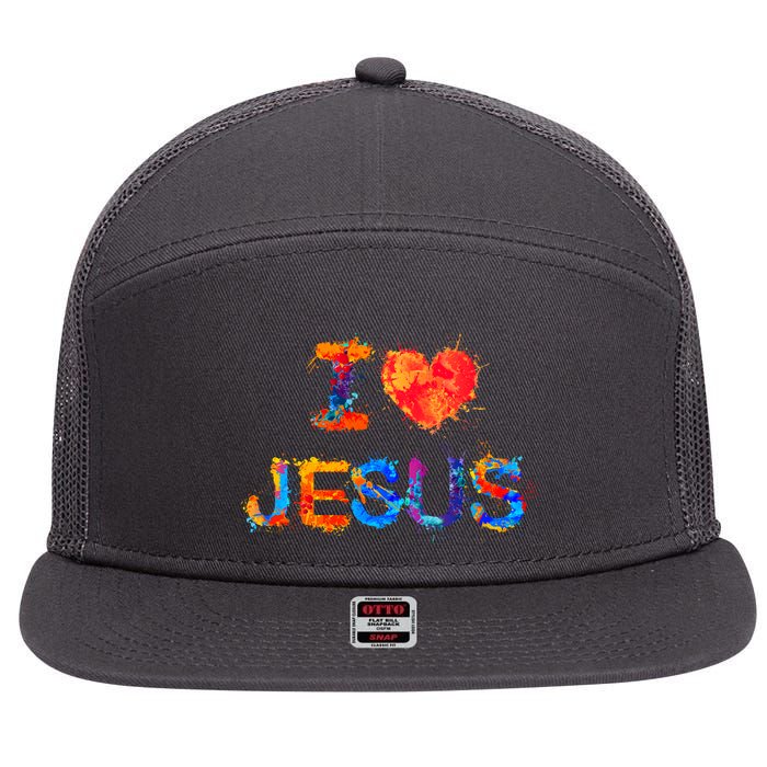 I Love Jesus Paint Splatter 7 Panel Mesh Trucker Snapback Hat