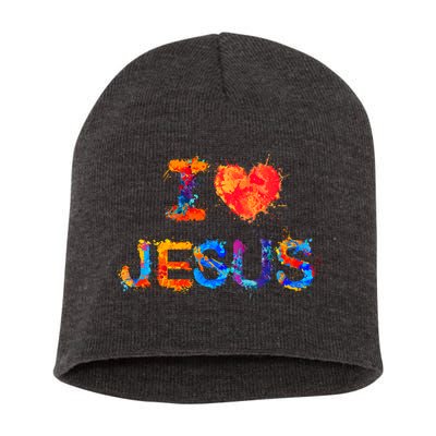 I Love Jesus Paint Splatter Short Acrylic Beanie