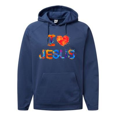 I Love Jesus Paint Splatter Performance Fleece Hoodie