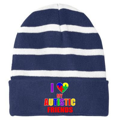 I Love My Autistic Friends Striped Beanie with Solid Band