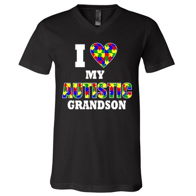 I Love My Autistic Grandson Autism V-Neck T-Shirt