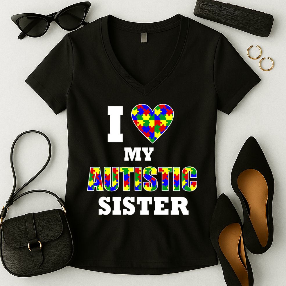 I Love My Autistic Sister Autism Women's V-Neck T-Shirt
