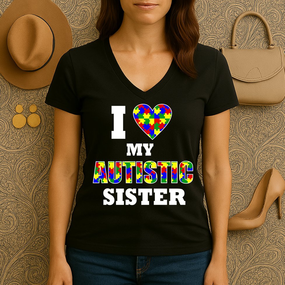 I Love My Autistic Sister Autism Women's V-Neck T-Shirt