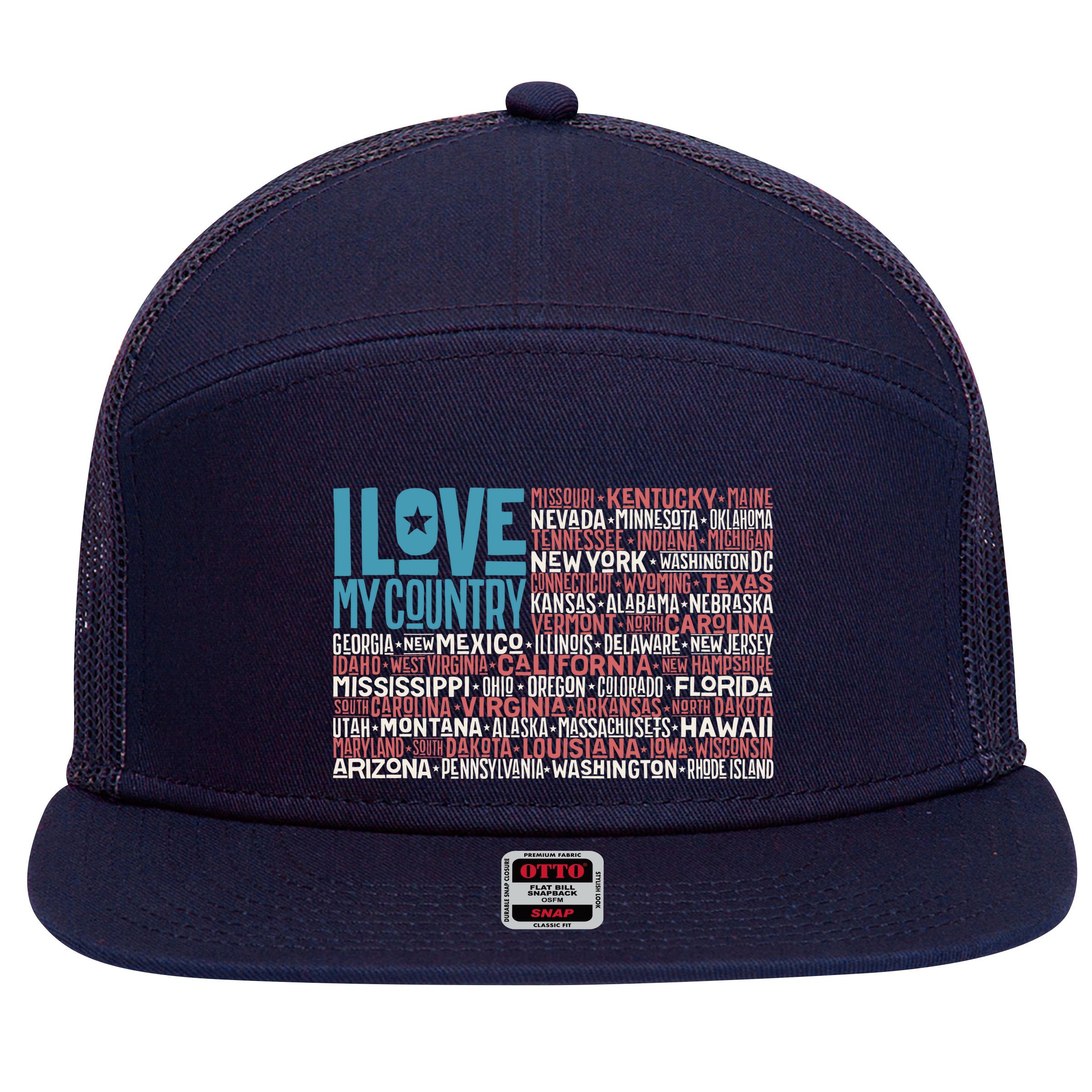 I Love My Country USA State Flag 7 Panel Mesh Trucker Snapback Hat