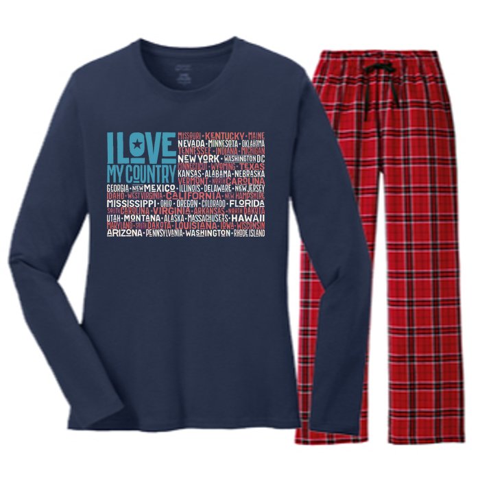 I Love My Country USA State Flag Women's Long Sleeve Flannel Pajama Set 