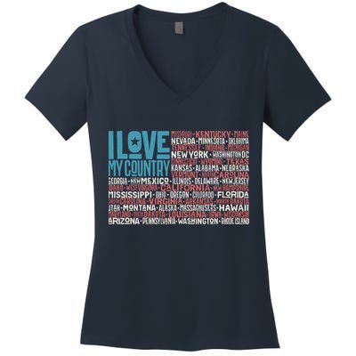 I Love My Country USA State Flag Women's V-Neck T-Shirt
