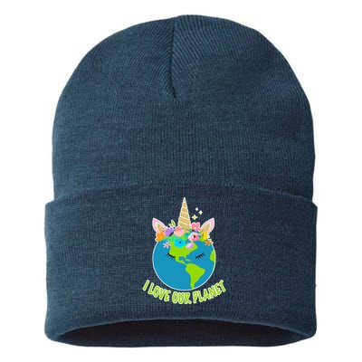 I Love Our Planet Earth Day Love Sustainable Knit Beanie