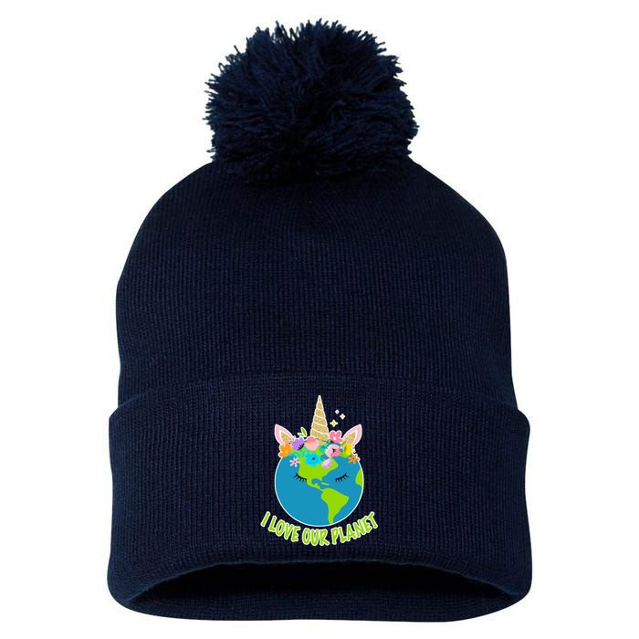 I Love Our Planet Earth Day Love Pom Pom 12in Knit Beanie