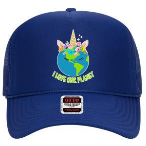 I Love Our Planet Earth Day Love High Crown Mesh Back Trucker Hat