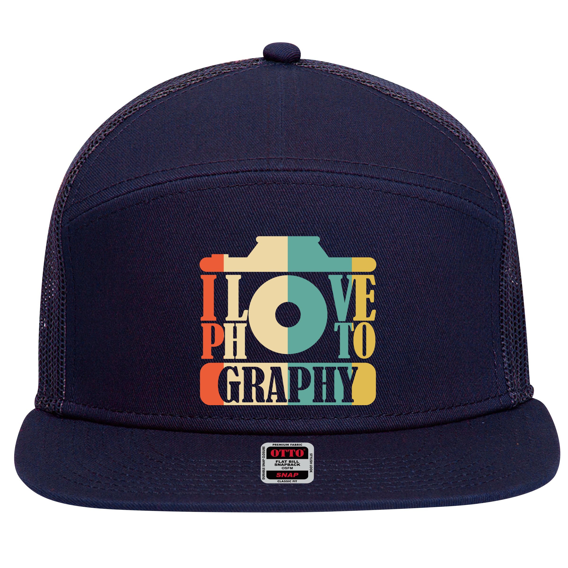 I Love Photography Camera 7 Panel Mesh Trucker Snapback Hat