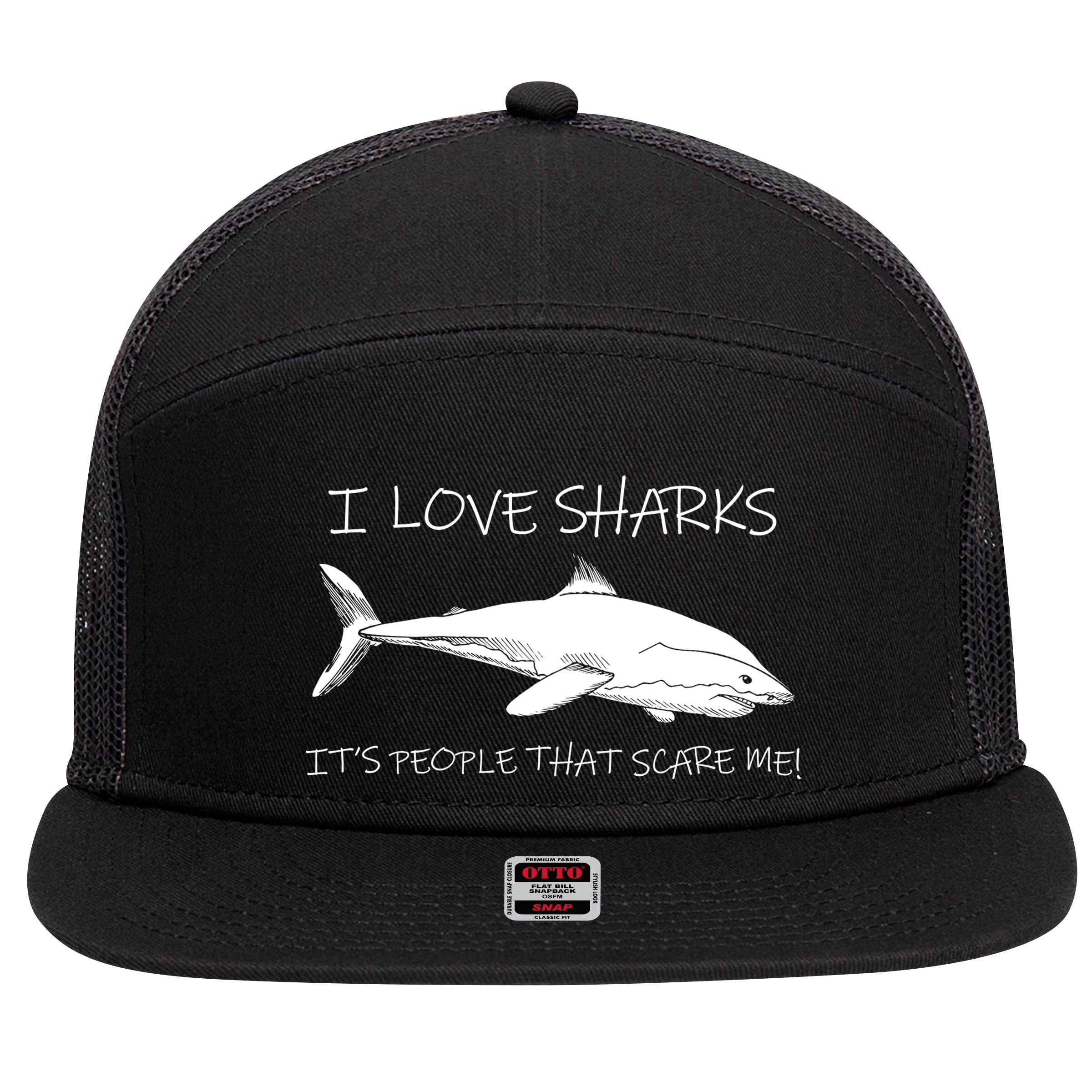 I Love Sharks It's People That Scare Me 7 Panel Mesh Trucker Snapback Hat