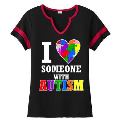 I Love Someone With Autism Puzzle Piece Heart Ladies Halftime Notch Neck Tee