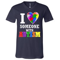 I Love Someone With Autism Puzzle Piece Heart V-Neck T-Shirt