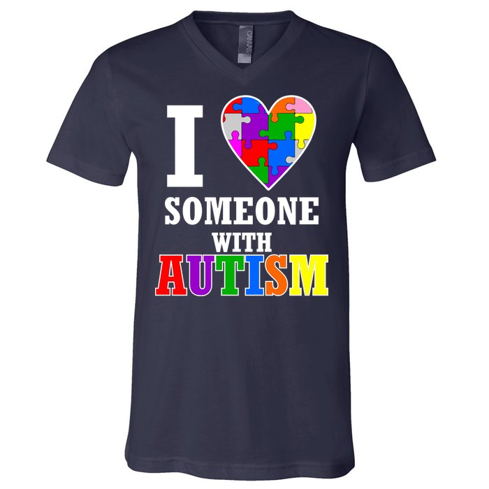 I Love Someone With Autism Puzzle Piece Heart V-Neck T-Shirt