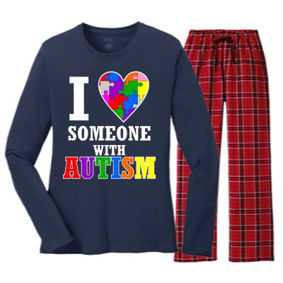 I Love Someone With Autism Puzzle Piece Heart Women's Long Sleeve Flannel Pajama Set 