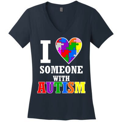 I Love Someone With Autism Puzzle Piece Heart Women's V-Neck T-Shirt