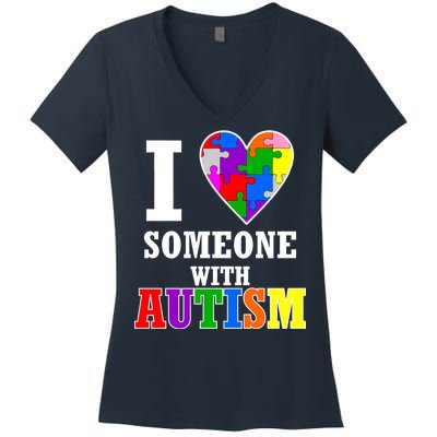 I Love Someone With Autism Puzzle Piece Heart Women's V-Neck T-Shirt