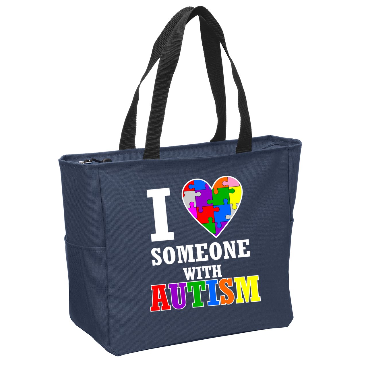 I Love Someone With Autism Puzzle Piece Heart Zip Tote Bag