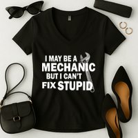I May Be A Mechanic But I Can't Fix Stupid Funny Women's V-Neck T-Shirt