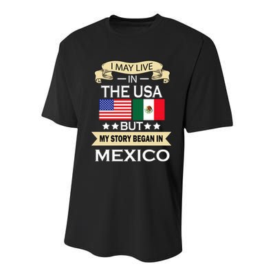 I May Live In The USA But My Story Began In Mexico Youth Performance Sprint T-Shirt