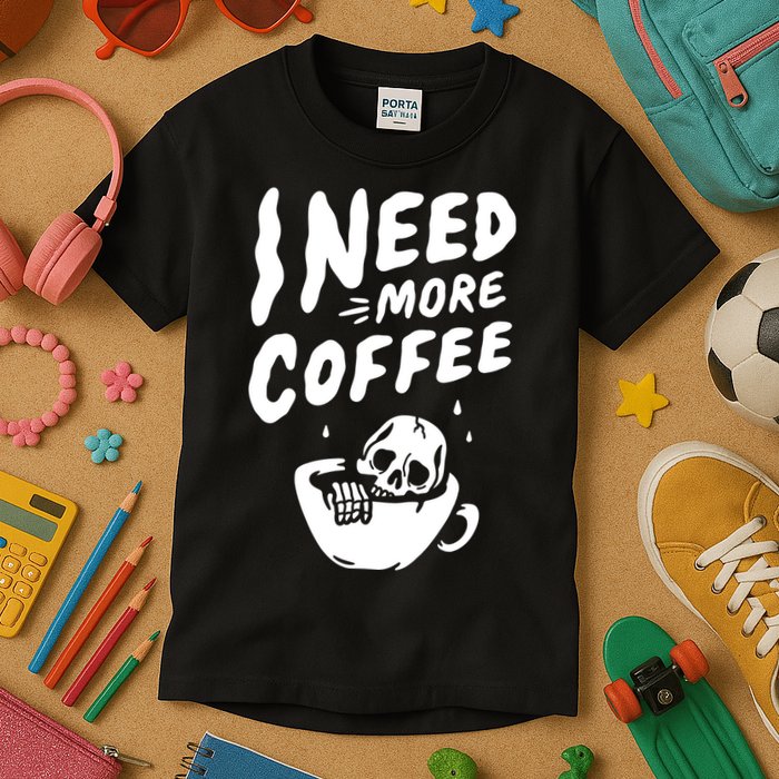 I Need More Coffee Funny Skeleton Kids T-Shirt