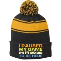I Paused My Game To Be Here Retro Controllers Stripe Pom Pom Beanie