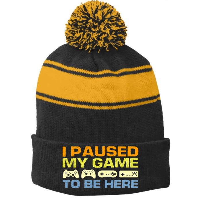 I Paused My Game To Be Here Retro Controllers Stripe Pom Pom Beanie