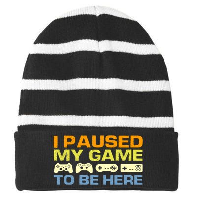 I Paused My Game To Be Here Retro Controllers Striped Beanie with Solid Band