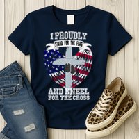 I Proudly Stand For The Flag And Kneel For The Cross Womens T-Shirt