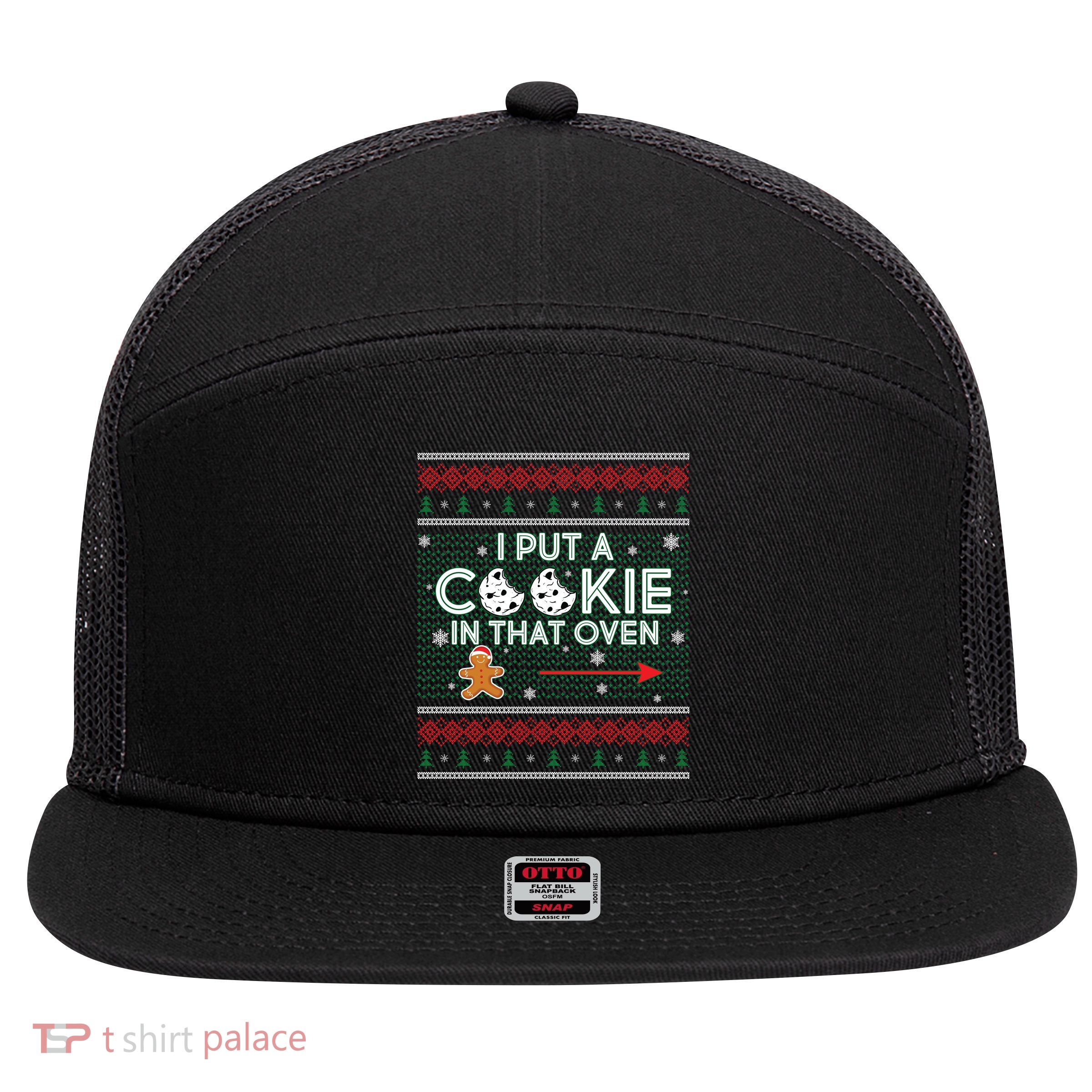 I Put A Cookie In That Oven Ugly Christmas Sweater 7 Panel Mesh Trucker Snapback Hat