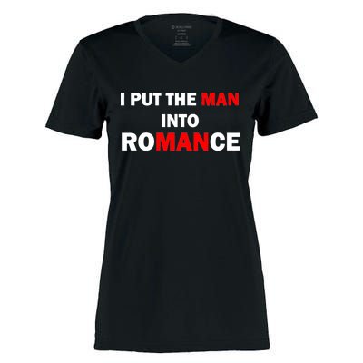 I Put The Man Into Romance Women's Momentum V-Neck T-Shirt