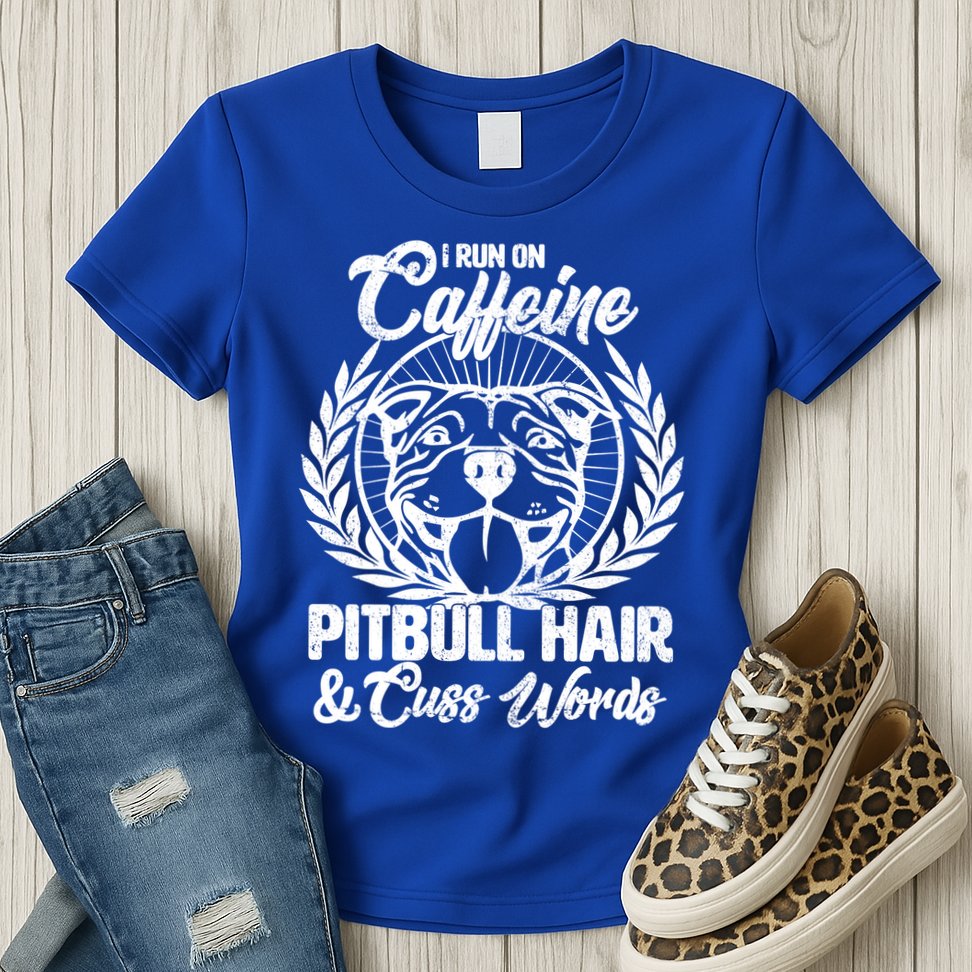 I Run On Caffeine Pitbull Hair And Cuss Words Womens T-Shirt