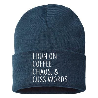 I Run On Coffee Chaos, & Cuss Words Sustainable Knit Beanie