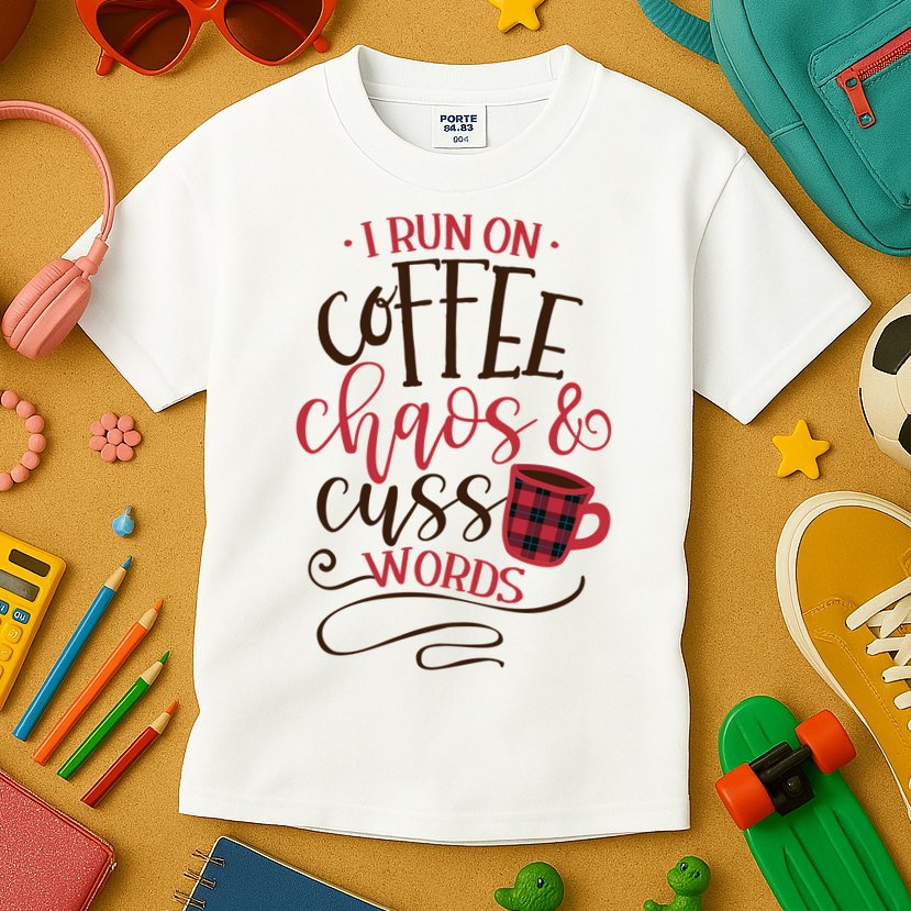 I Run On Coffee Chaos And Cuss Words Kids T-Shirt