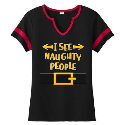 I See Naughty People Santa Or Elf Top Costume Ladies Halftime Notch Neck Tee