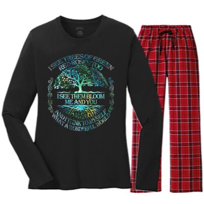 I See Trees Of Green Red Roses Too Hippie Women's Long Sleeve Flannel Pajama Set 