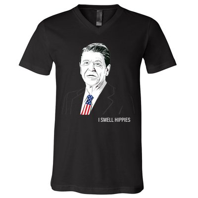 I Smell Hippies Ronald Reagan V-Neck T-Shirt