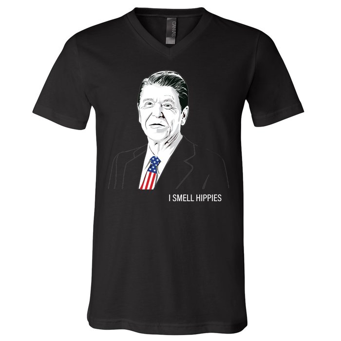 I Smell Hippies Ronald Reagan V-Neck T-Shirt