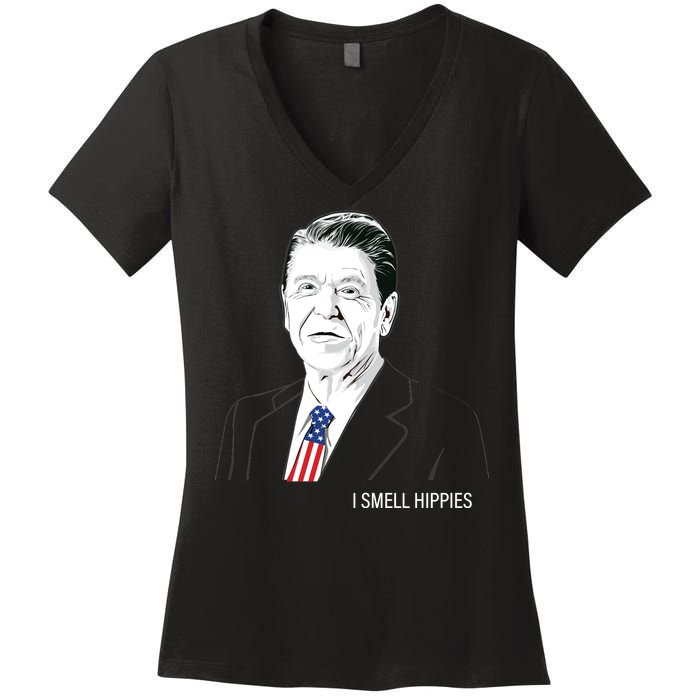 I Smell Hippies Ronald Reagan Women's V-Neck T-Shirt