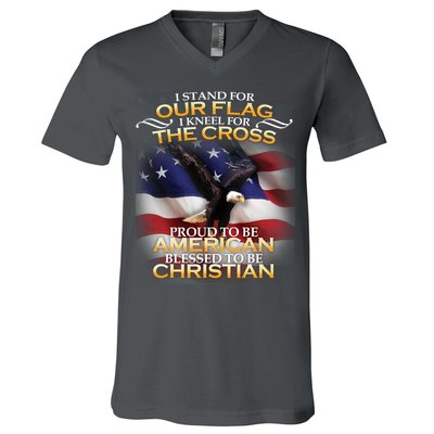 I Stand For Our Flag Kneel For The Cross Proud American Christian  V-Neck T-Shirt