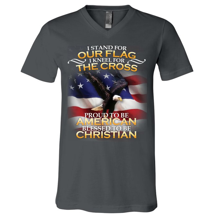 I Stand For Our Flag Kneel For The Cross Proud American Christian  V-Neck T-Shirt