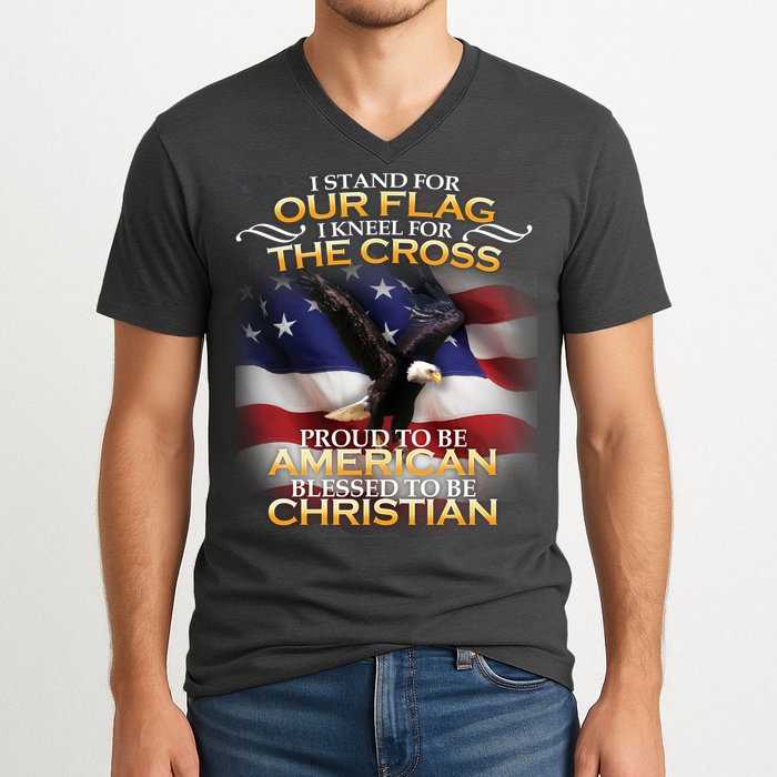 I Stand For Our Flag Kneel For The Cross Proud American Christian  V-Neck T-Shirt