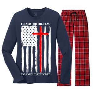 I Stand For the Flag And Kneel For The Cross Flag Women's Long Sleeve Flannel Pajama Set 