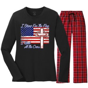 I Stand For The Flag I Kneel For The Cross Crown Of Thorns Women's Long Sleeve Flannel Pajama Set 